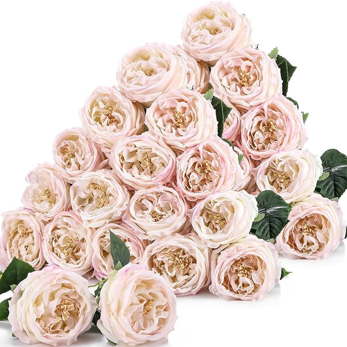 Giegxin 20 Pcs Real Touch Peonies Austin Roses Artificial Flowers, Faux Look Real Long Stems Fake... | Amazon (US)