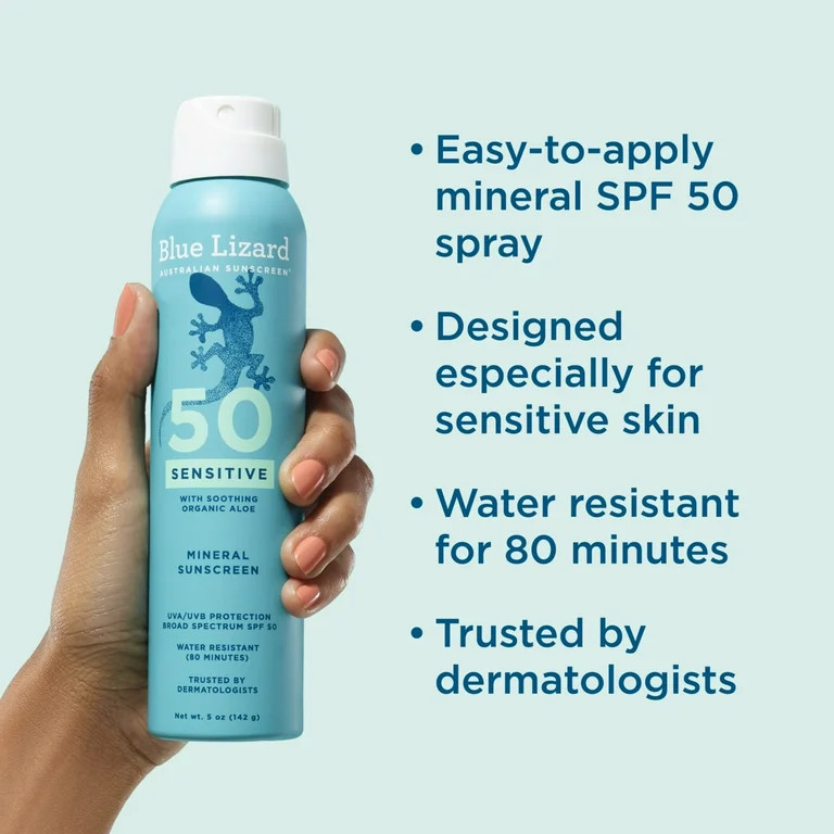 Blue Lizard Sensitive Mineral SPF 50 Spray, Zinc Oxide, 5 oz | Walmart (US)