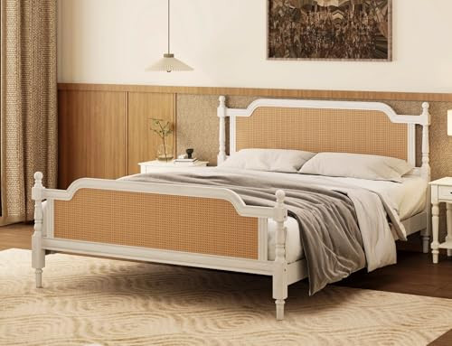 Merax King Platform Bed Frame with Rattan Headboard and Footboard, No Box Spring Needed, Traditional Style, Pine Wood, Antique White | Amazon (US)