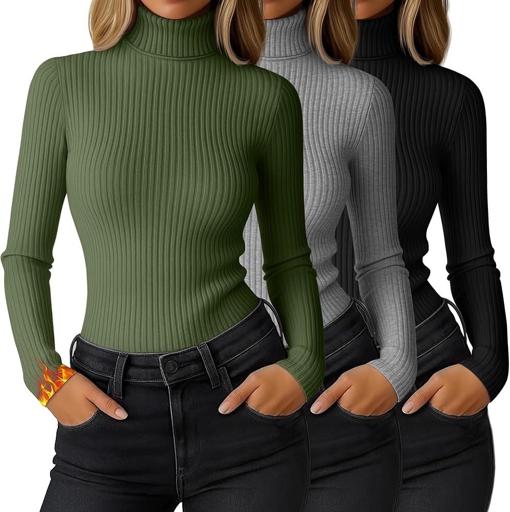 Ficerd 3 Pack Women's Ribbed Thermal Turtleneck Tops Long Sleeve Stretch Shirts Knitted Fitted Li... | Amazon (US)
