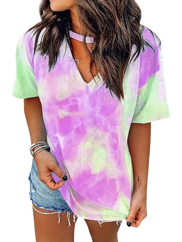 Nlife - Women Choker V Neck Tie Dyed Print Shirt - Walmart.com | Walmart (US)