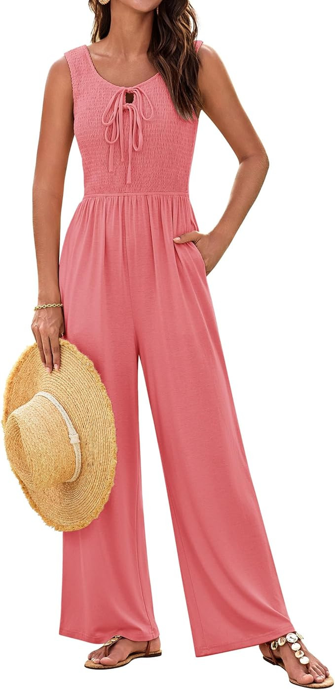 GRACE KARIN Jumpsuits for Women Bow Tie Front Overalls Smocked Tops Wide Legs Casual Knitted Outf... | Amazon (US)