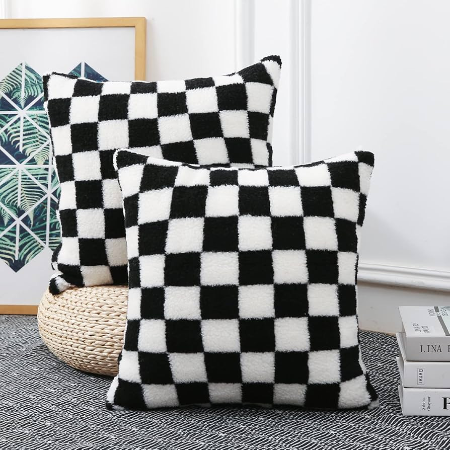 Yaertun Set of 2 Checkerboard Decorative Throw Pillow Covers Cute Fluffy Plaid Cushion Case Squar... | Amazon (US)