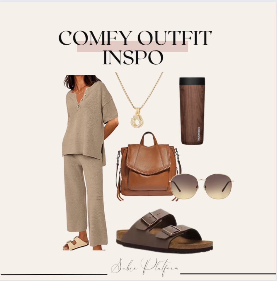 Comfy outfit inspo | sunglasses | corkcircle | Birkenstock sandals| gold necklace | insulated travel cup | oversized sunglasses | arizona slide sandals | leather backpack | travel outfit | amazon two piece lounge sets | sabic platform | spring travel outfit | airport outfit | nude sandals | 

#LTKstyletip #LTKFind #LTKtravel
