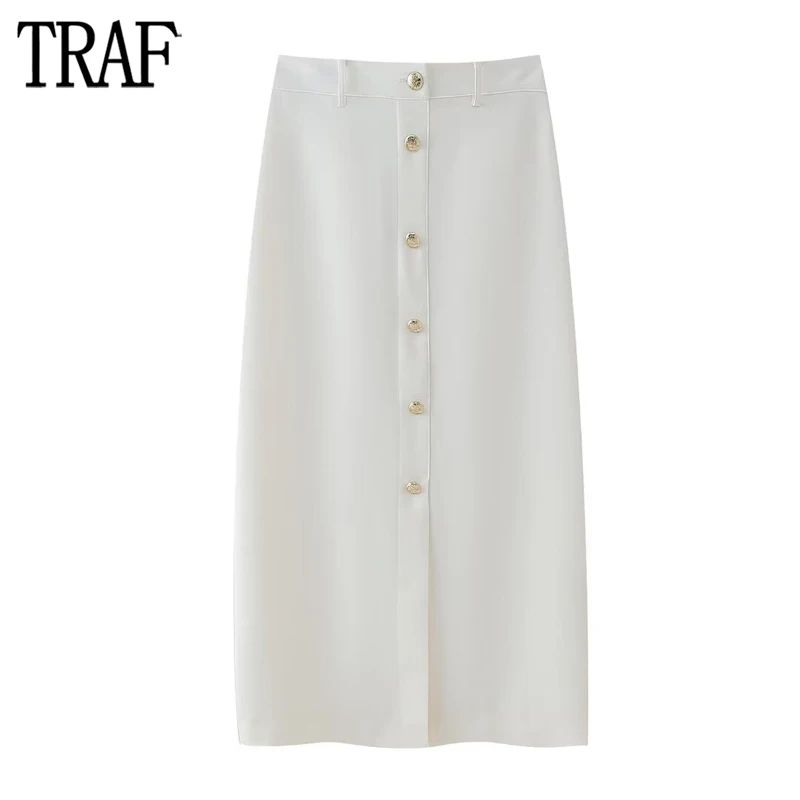 TRAF 2024 White Midi Skirts for Women High Waist Long Skirt Woman Summer Golden Button Women's Sk... | AliExpress (US)