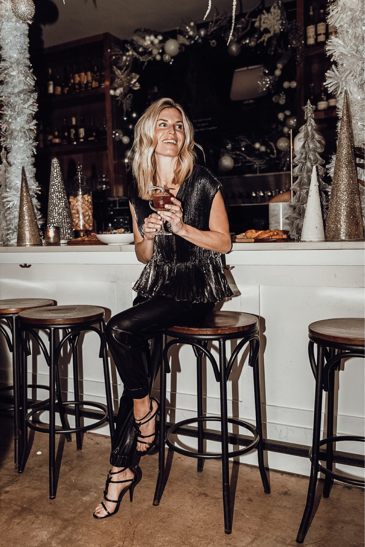 Holiday look✨ metallic top, similar faux leather joggers, & Saint Laurent black heels.

#LTKSeasonal #LTKHoliday #LTKCyberWeek