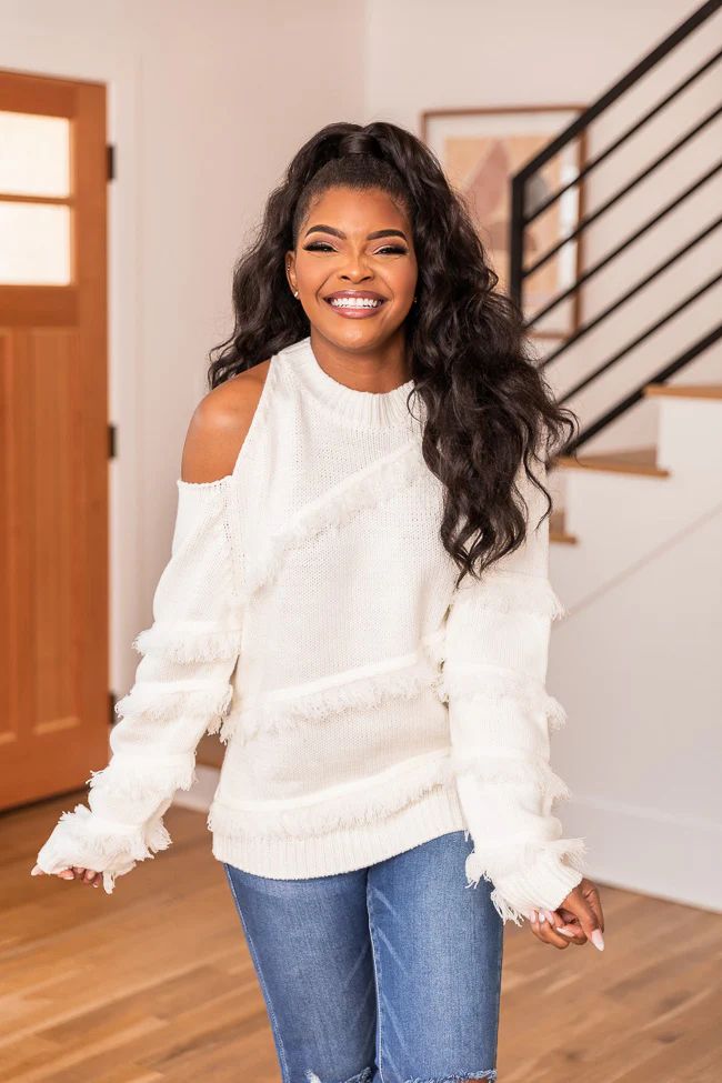 Carefree Smile Ivory One Shoulder Cut Out Fringe Sweater | Pink Lily