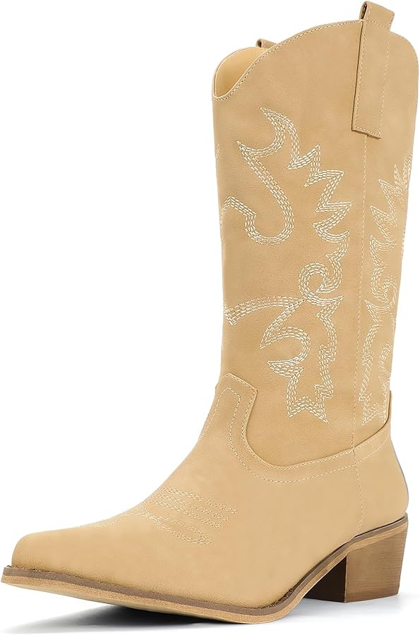 IDIFU Women's Cowboy Boots for Women Cowgirl Boots Western Boots Mid Calf Embroidered Chunky Low ... | Amazon (US)