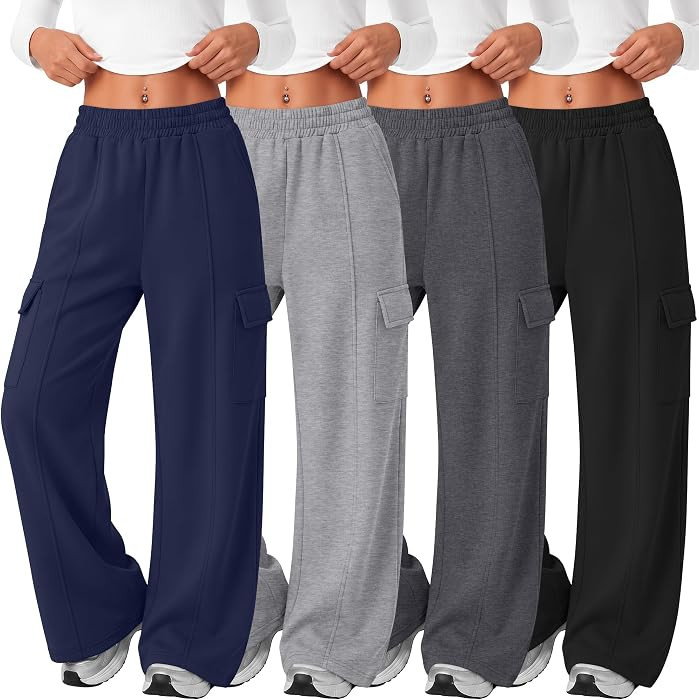 4 Pack Girls' Cargo Sweatpants Wide Leg Pants 5-14Y | Amazon (US)
