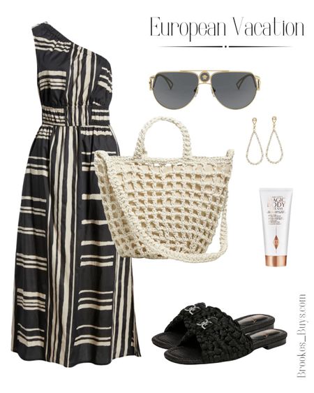 I love this one shoulder dress for summer. These sandals are so comfortable and the straw tote will hold all your personal items. #summeroutfit #maxidress #strawtotebag  #europeanvacation

#LTKTravel #LTKSeasonal #LTKStyleTip