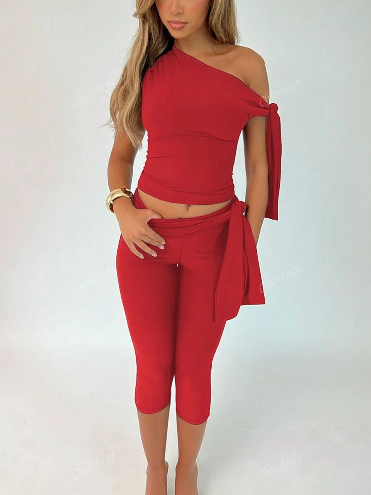 2pcs Set Women Solid Color Asymmetric Collar Top And 7/8 Pants, Summer | SHEIN