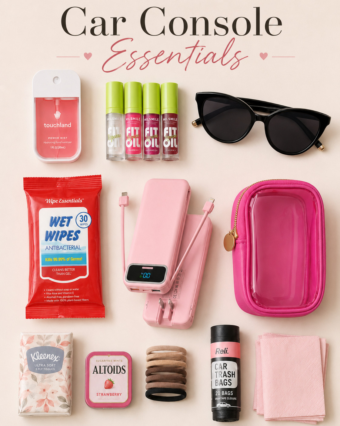 The little things that save me during busy days in the car 🚗💕
I like keeping my center console stocked with easy grab-and-go essentials, hand sanitizer, wipes, tissues, lip balm, sunglasses, hair ties, mints, a portable charger, car trash bags, and a little pouch to keep the tiny stuff from disappearing.
Perfect for school pickup, errands, sports practices, road trips, and all the random “mom, do you have…” moments.
Linking my car console essentials in LTK! ✨
#LTKFamily #LTKFindsUnder50 #LTKTravel #AmazonFinds #CarEssentials #MomCar #CarOrganization #MomLifeHacks #BusyMomEssentials #OrganizedLife 

 #LTKdayinmylife #LTKmomlife