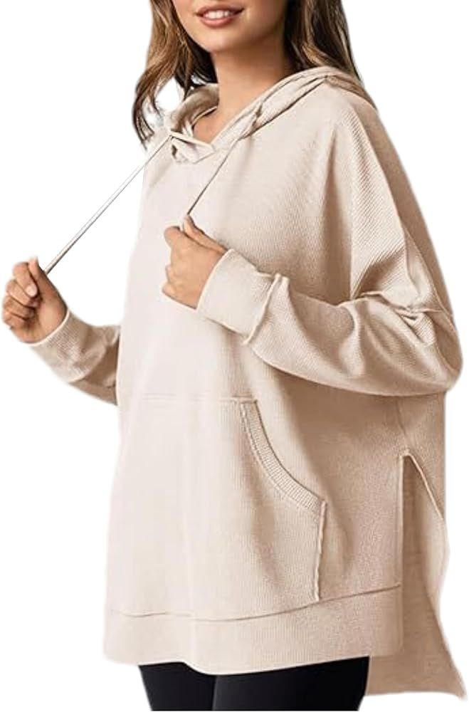 HangNiFang Oversized Hoodies Sweatshirts for Women Long Sleeve Waffle Knit Side Slit Preppy Top Y... | Amazon (US)