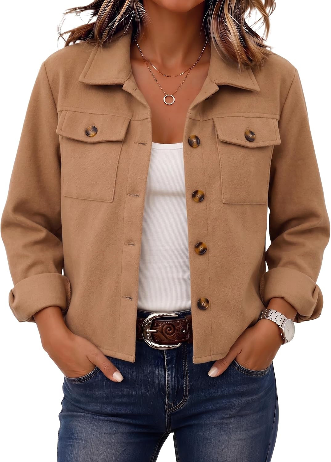 Zeagoo Flannels for Women Cropped Shacket Jacket Fashion Plaid Fall Coat | Amazon (US)