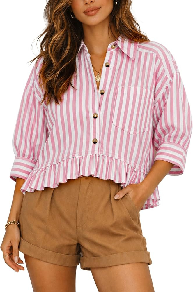 CHYRII Womens Summer Tops Dressy Casual Blouse Top Ruffled Short Sleeve Button Down Striped Shirt... | Amazon (US)
