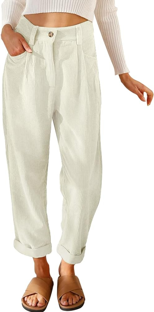 Acelitt Womens Elastic Waist Straight Leg Corduroy Pants with Pockets, S-2XL | Amazon (US)