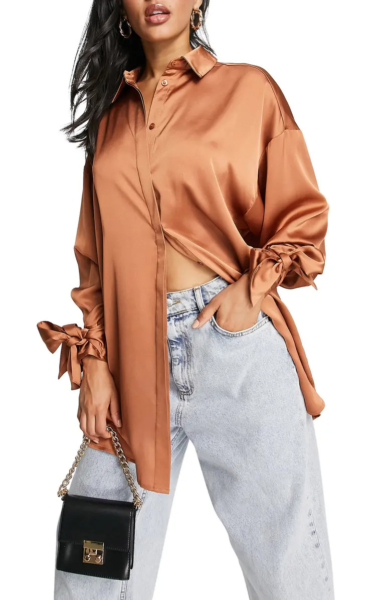 Oversize Tie Cuff Satin Shirt | Nordstrom