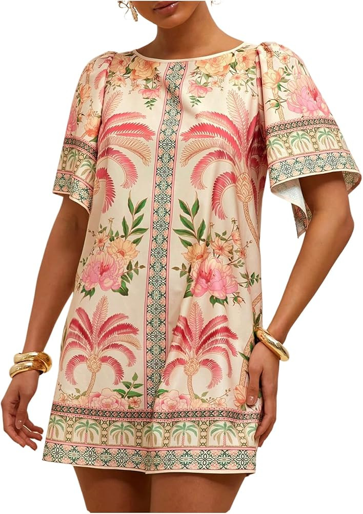 Floerns Women's Tropical Summer Dresses Puff Sleeve Crewneck Beach Vacation Tunic Dress | Amazon (US)