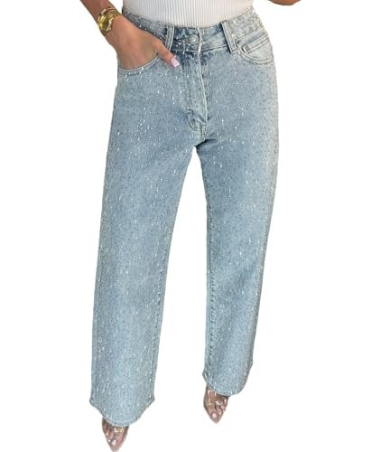 Sexyshine Women's Diamond Rhinestone Jeans High Waist Straight Wide Leg Stretchy Bling Denim Pants(27897BE,L) Blue | Amazon (US)