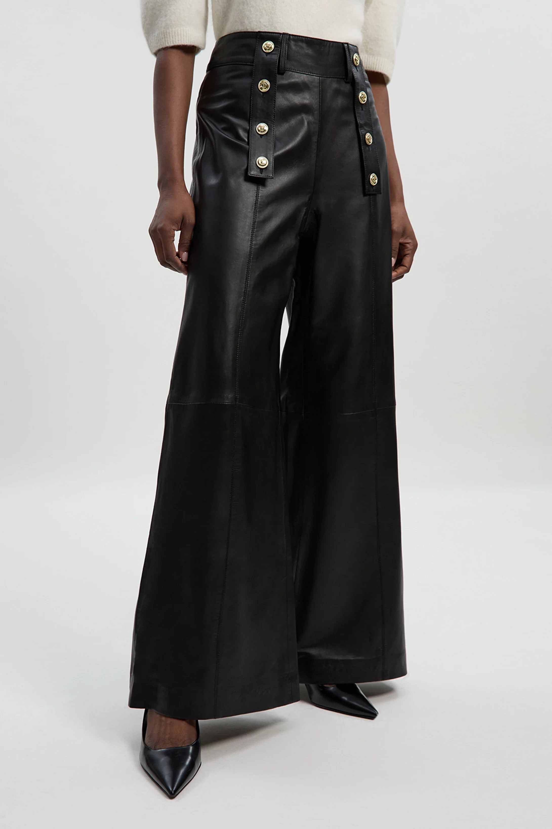 Leather Military Button Wide Leg Trouser | Karen Millen UK + IE + DE + NL