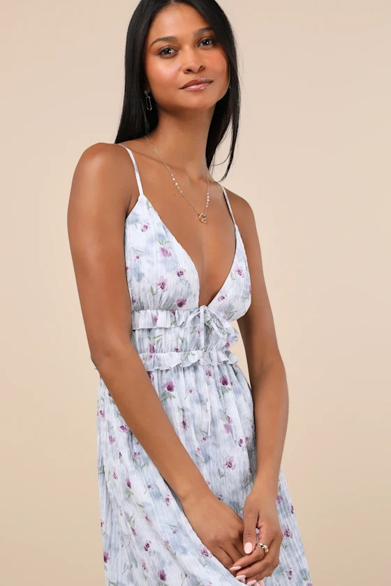 Sandi Light Blue Floral Tie-Front Midi Dress | Lulus