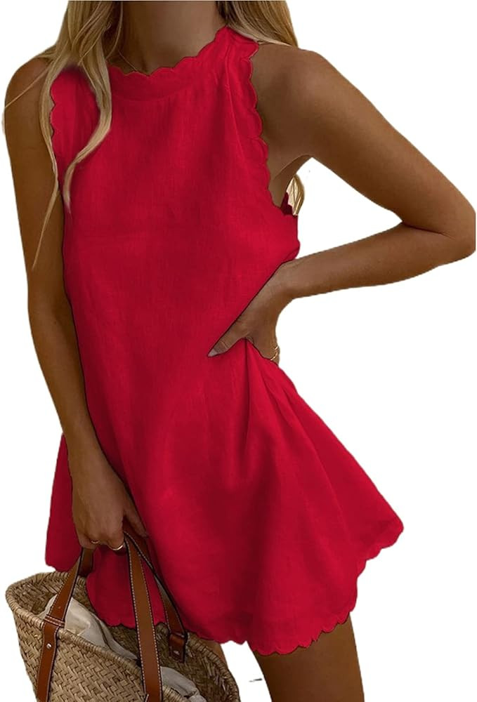 Women Sleeveless Tank Dress Halter Scallop 2023 Summer Dresses Back Zipper Linen Casual Beach Sun... | Amazon (US)