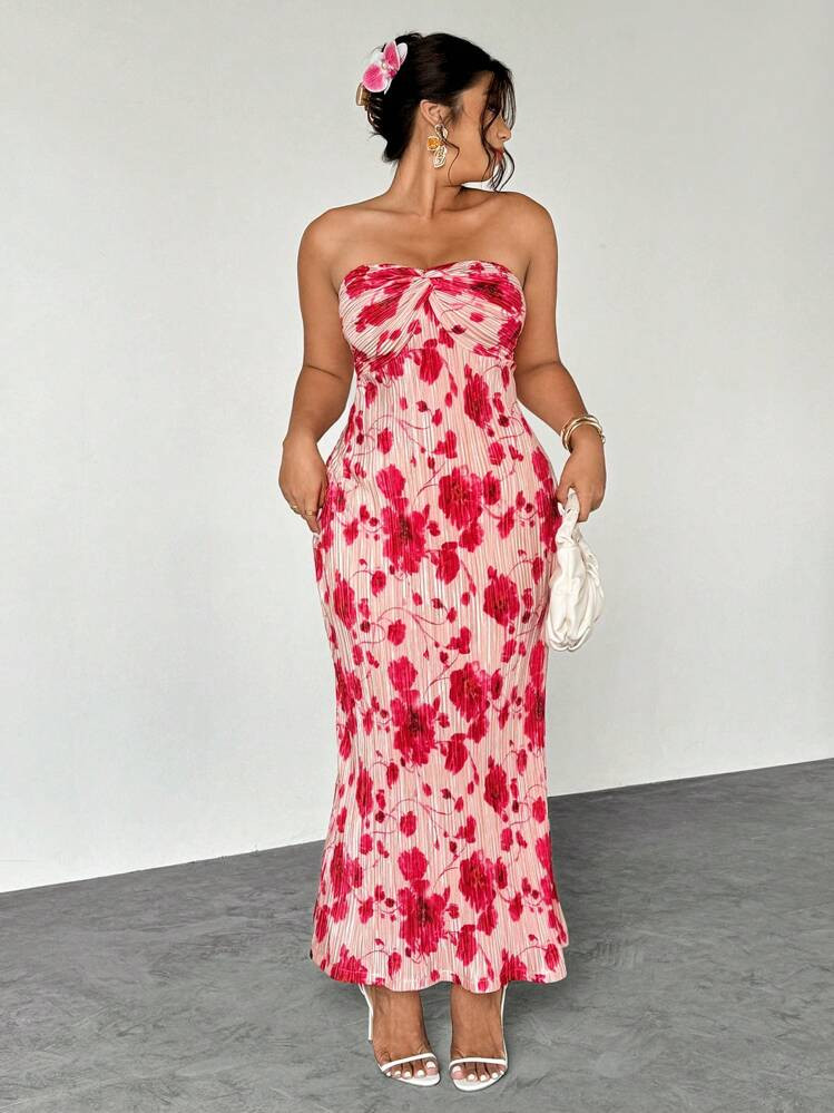 Firerie Plus Size Women's Elegant Romantic Vacation Pleated Maxi Dress, Red Ombre Floral Print A-Line Waist Tie Flowy Vacation, Wedding Season Sexy Beach Western Festival Summer Outfit Bohemian Maxi Dress,Summer Dresses For Women,Maxi Dress,Wedding Guest Dress Women | SHEIN