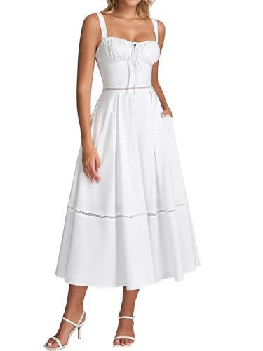 KUTUMAI Floral Corset Midi Dress Lace Up Cutout Flowy Summer Wedding Guest Dresses for Women Sundress with Pockets White M | Amazon (US)