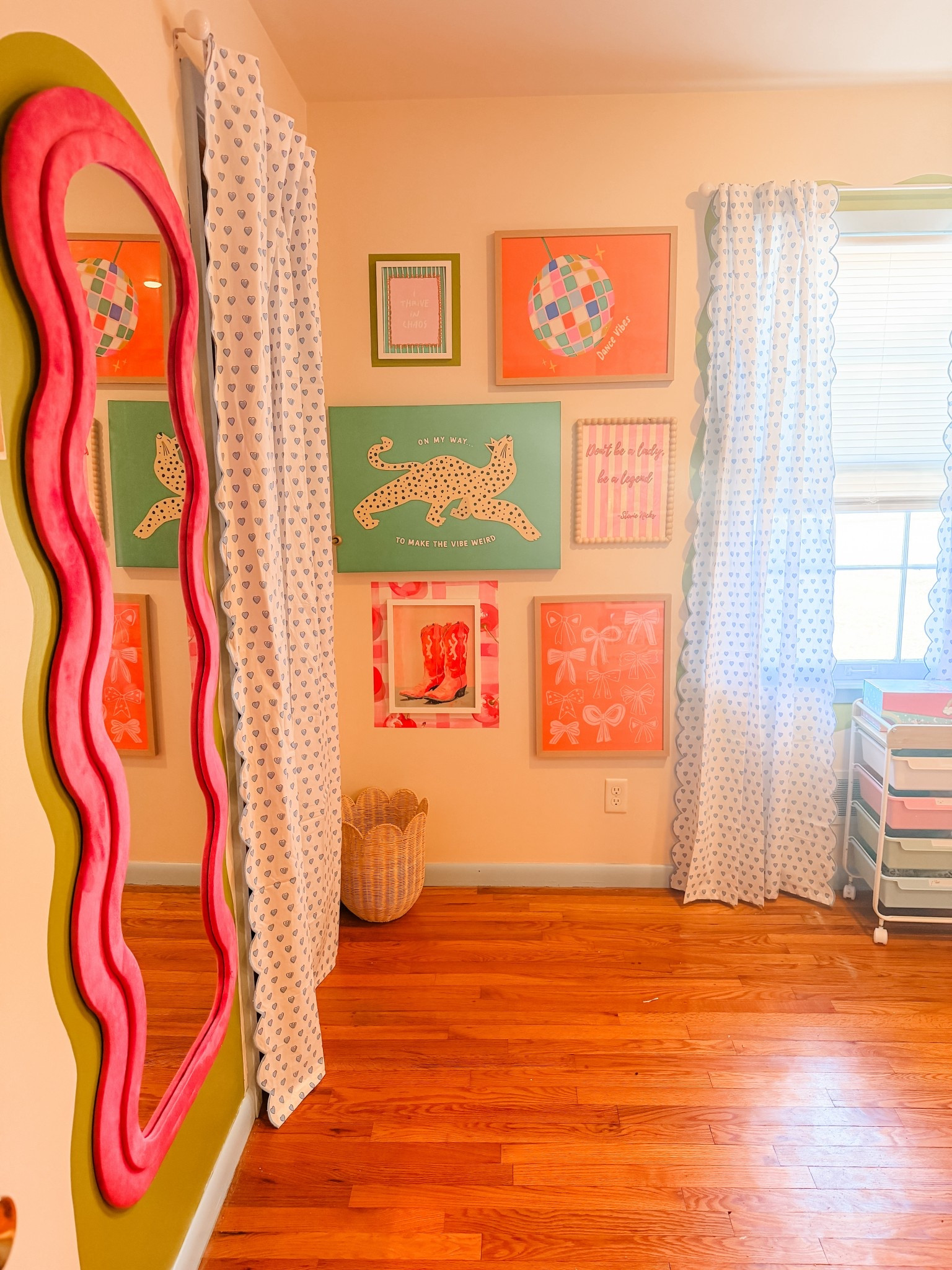 Girl Bedroom dopamine wall art, pottery barn curtains, target squiggle mirror #roommakeover #kidsroominspo

#LTKKids #LTKHome