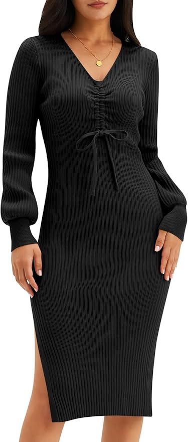DEEP SELF Sweater Dress Women Long Sleeve Bodycon Dress Knit Drawstring V Neck Midi Dresses with ... | Amazon (US)