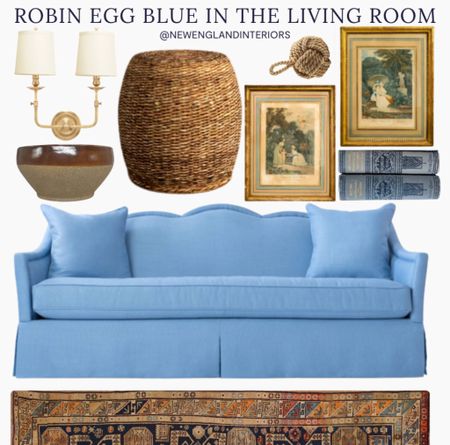 New England Interiors • Robin Egg Blue In The Living Room • Sofa, Antique Wall Art, Lighting, Side Table, Rug, Books, Decor. 💙🪺

TO SHOP: Click the link in bio or copy and paste the link in web browser 

#newengland #livingroom #home #homeinspo #blue #art #antique 

#LTKFind #LTKhome