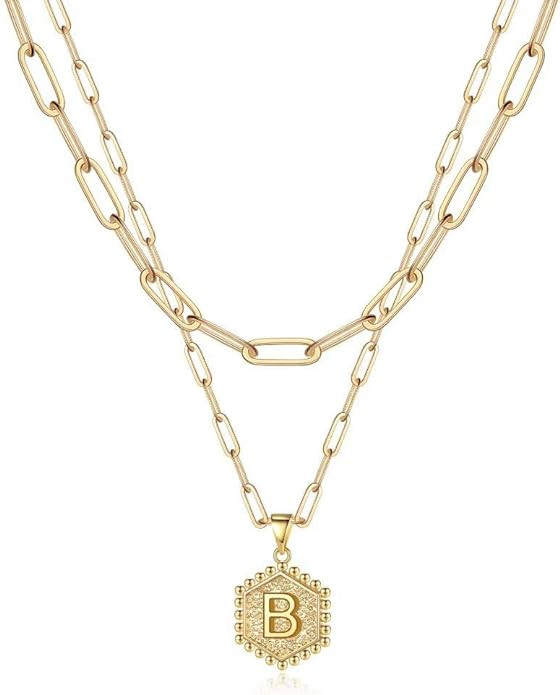 M MOOHAM Dainty Initial Necklaces for Women, 14K-Gold-Plated Layering Necklace for Women Cute Hex... | Amazon (US)