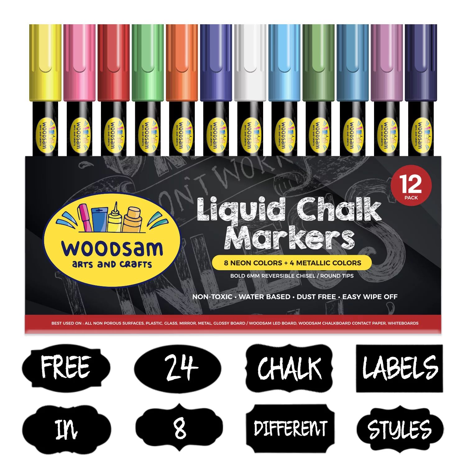 Woodsam 12 Ct Liquid Chalk Markers with 8 Neon, Bold and 4 Metallic Colors - Free 24 Chalkboard L... | Walmart (US)