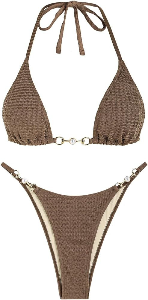 ZAFUL Bikini Sets for Women 2024 Halter Two Piece Swimsuits Sexy Triangle Bikinis Cheeky Bathing ... | Amazon (US)