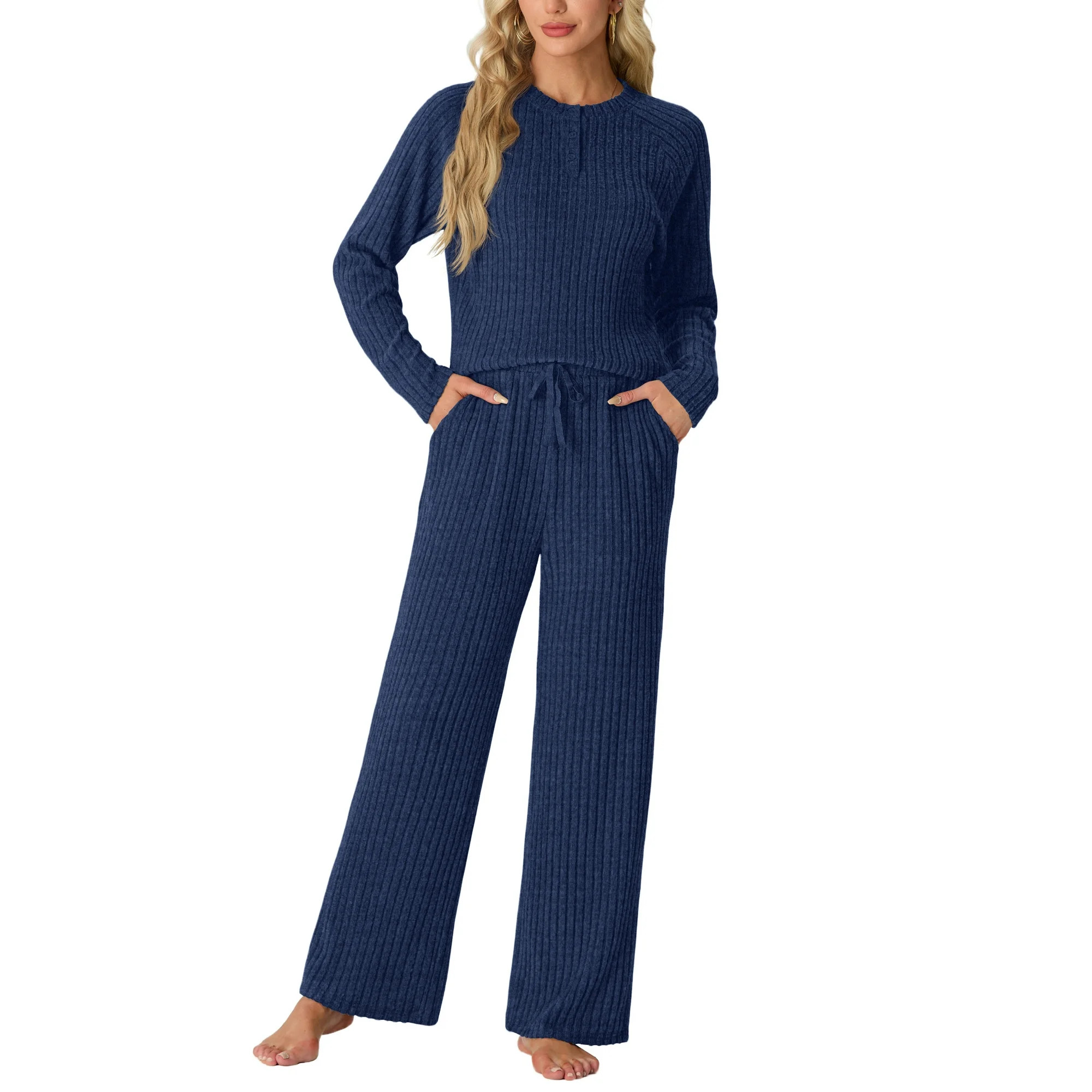 MINTREUS Women's Pajama Set Long Sleeve Lounge Set Ribbed knit Sleepwear Two Piece Pjs Set with P... | Walmart (US)