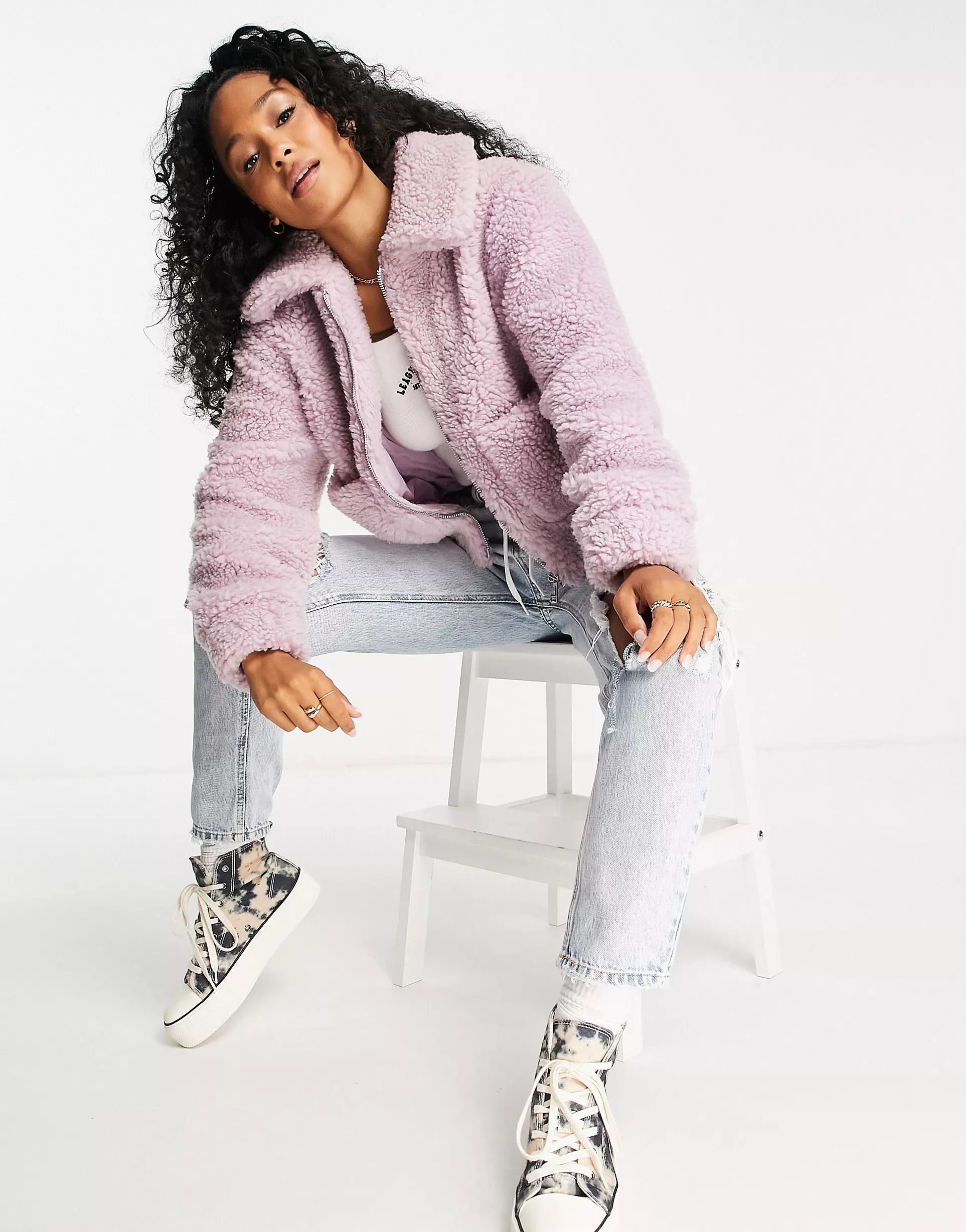 Miss Selfridge zip through sherpa trucker in lilac | ASOS (Global)