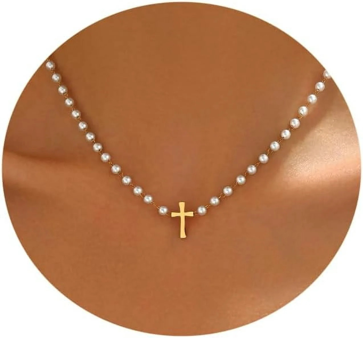 18K Gold Plated Pearl Necklace for Women, Dainty Cross and Flower Beaded Choker, Trendy Stainless... | Walmart (US)