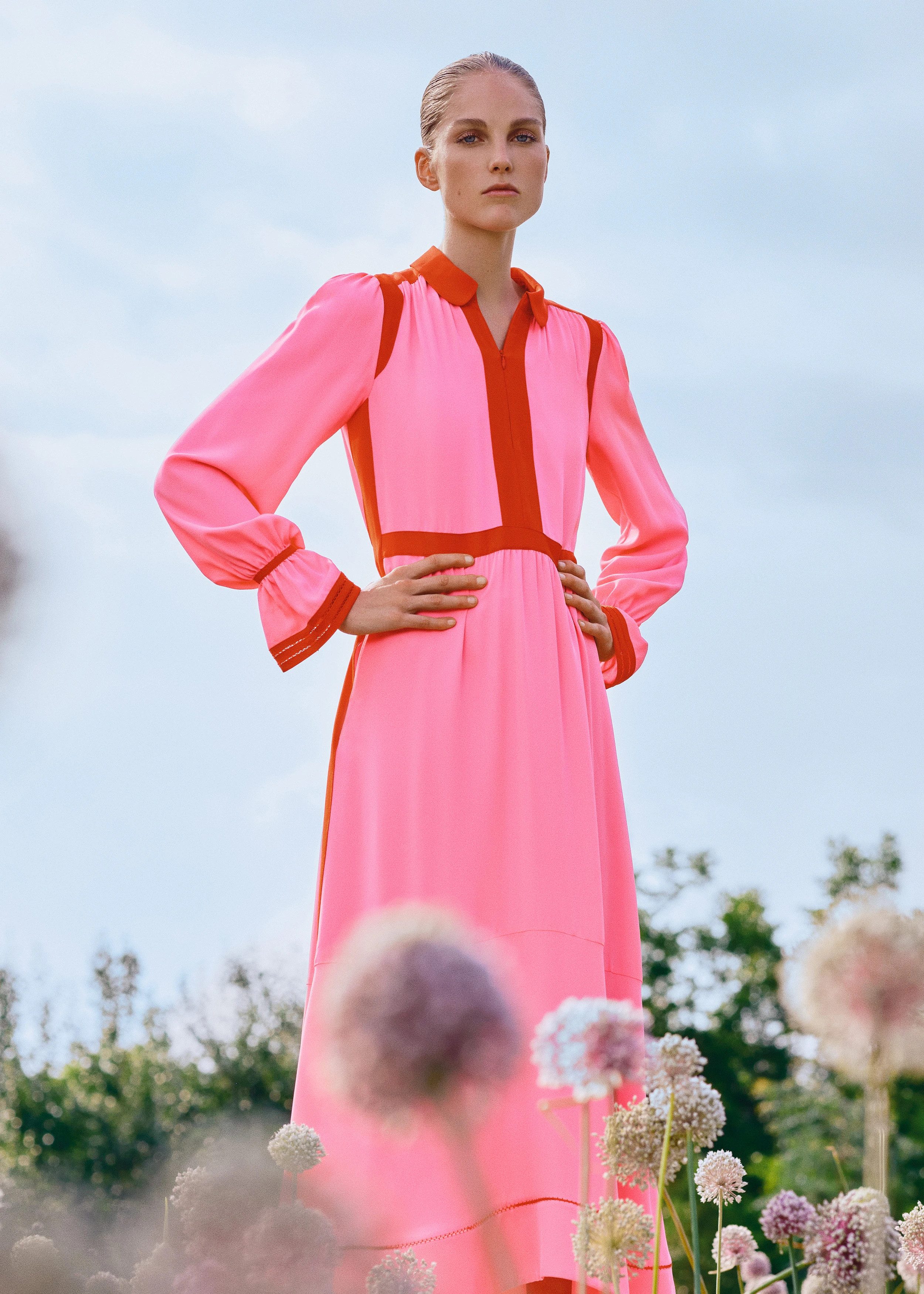 ME+EM Silk Colour Block Maxi Dress + Belt - Women's - Neon Pink/Poppy Red - Size UK 8 | ME + EM