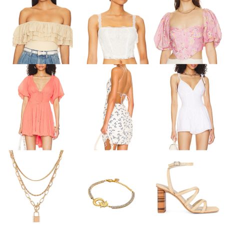 sandals, vacation outfit, spring outfit, travel outfit, country concert outfit, white dress, summer outfit, off the shoulder, white top, pink top, white romper, sundress, gold necklace, gold bracelet, heels, revolve sale, stagecoach, Coachella 

#LTKsalealert #LTKtravel #LTKFestival