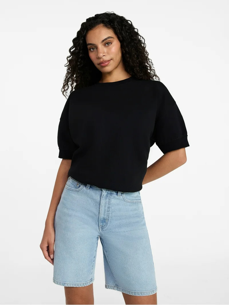 Time and Tru Women's Fleece Sweatshirt with Short Sleeves, Sizes XS-XXXL | Walmart (US)