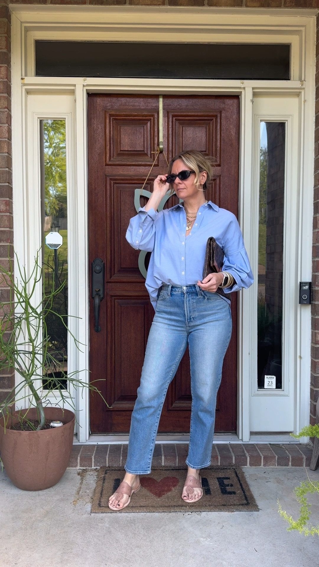 OOTD for a day of errands and client shopping ✨ Oversized blue button down half tucked + straight leg denim + neutral Jack Rogers sandals + gold bangles + gold necklace stack. Most of these pieces are still shoppable — linked everything below! 👇

#LTKOver40 #LTKdayinmylife #LTKootd