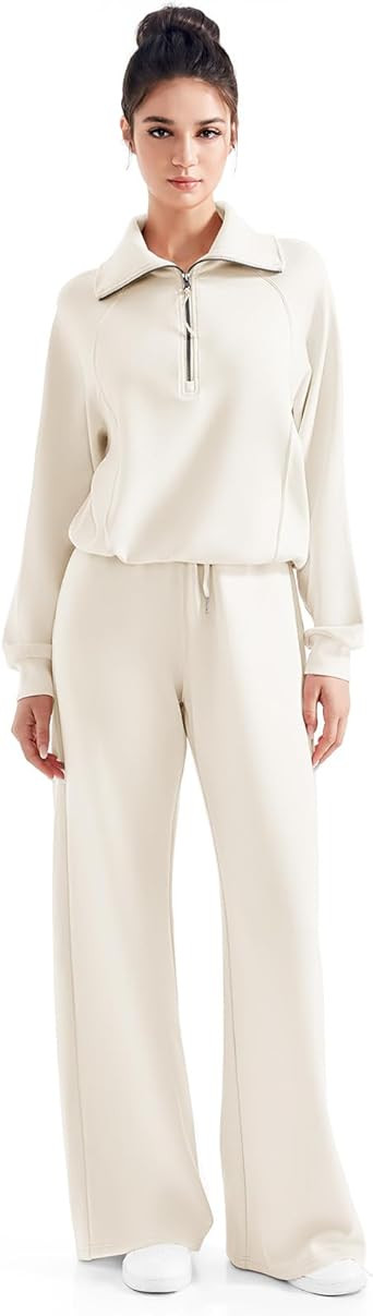 SUUKSESS Women 2 Piece Lounge Matching Set Wide Leg Sweatpant Half Zip Sweatshirt | Amazon (US)