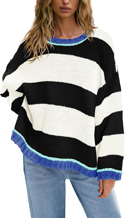 Nirovien Womens Oversized Sweater Colorblock Striped Sweater Chunky Cable Knit Crewneck Pullover ... | Amazon (US)