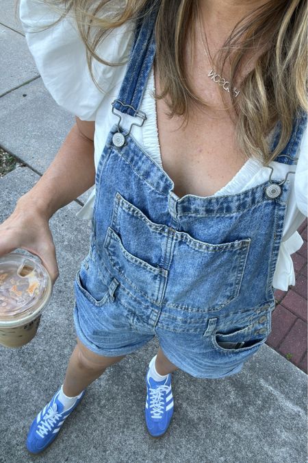 Favorite shortalls in a size medium. 

Mom outfit, summer outfit 