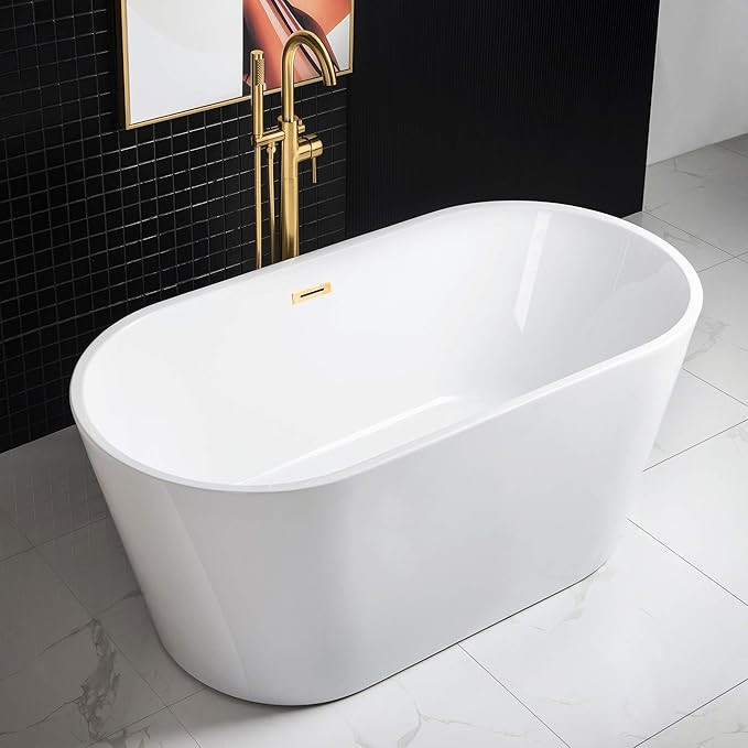 WOODBRIDGE 59" Acrylic Freestanding Bathtub Contemporary Soaking White Tub with Brushed Gold Over... | Amazon (US)