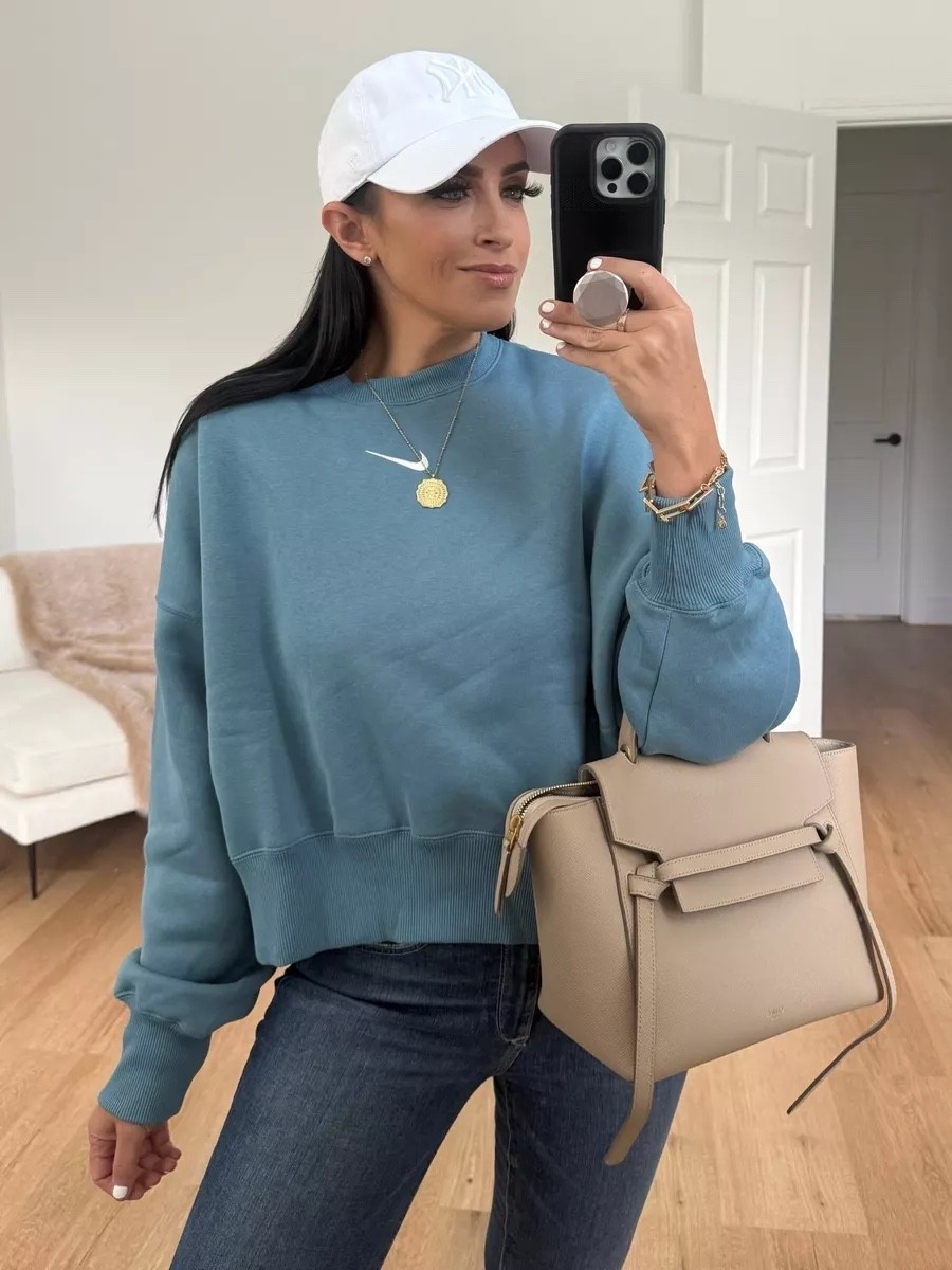 Nike Sportswear Phoenix Fleece Women's Over-Oversized Crew-Neck Sweatshirt wearing small. Sofia Vergara jeans. Nike Jordans

