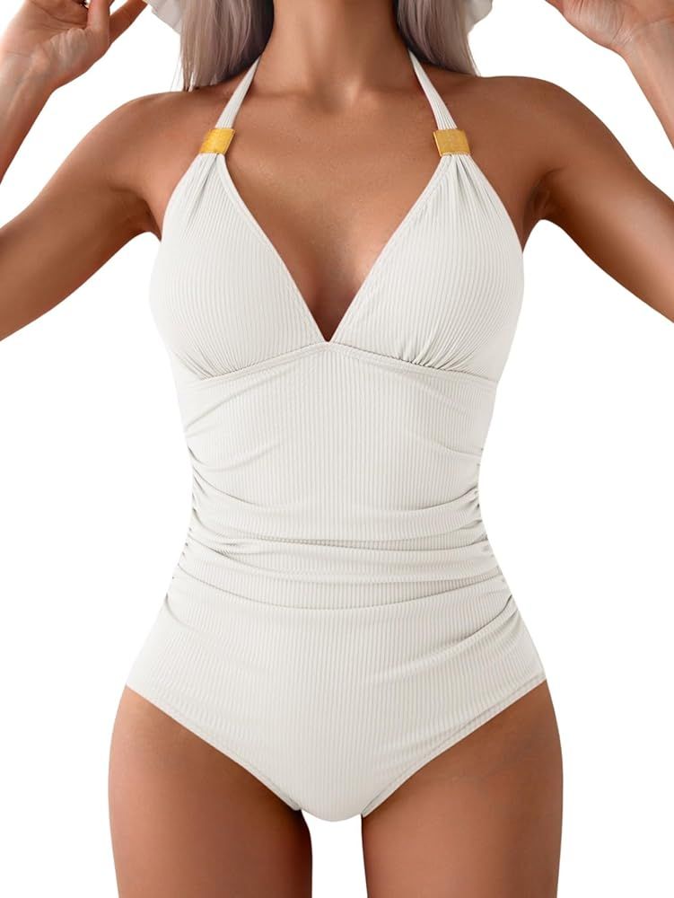 Women Ribbed One Piece Swimsuit Tummy Control Bathing Suit Halter Swimwear V Neck Swim Suit | Amazon (US)