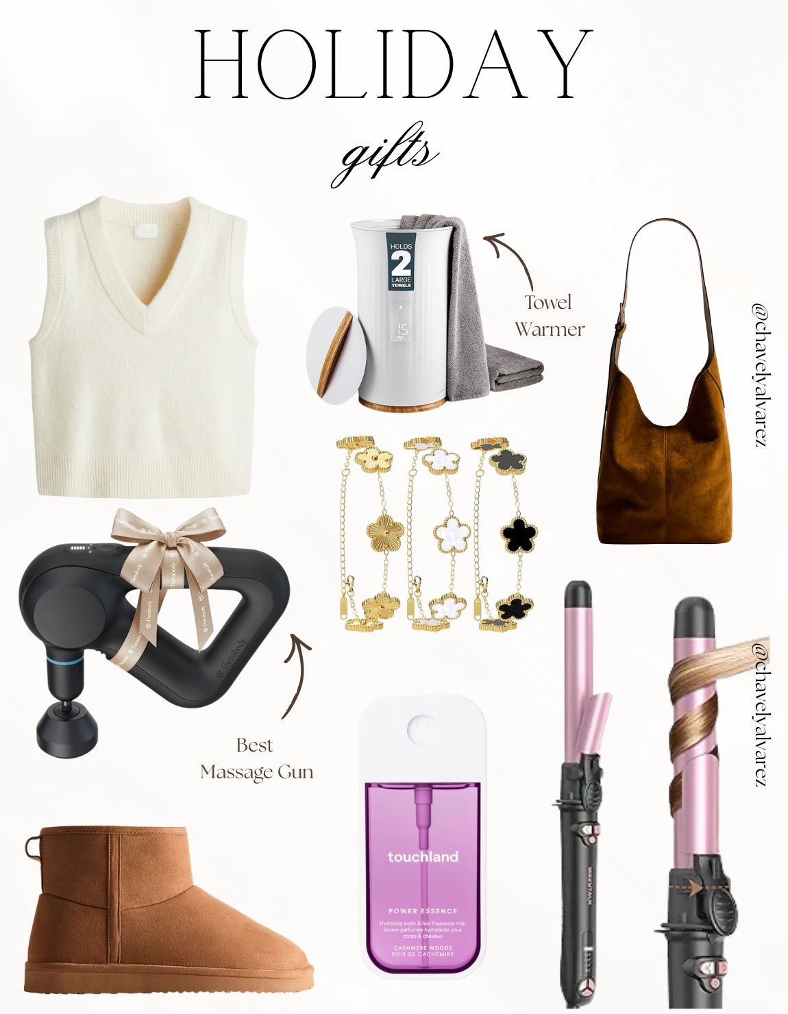 HOLIDAY Gifts: Tech, Textiles, & Timeless Accessories! 🎁

Embrace the season of giving with this perfectly curated collection of elevated holiday finds! ✨

We are obsessed with these must-have treasures: from the high-tech Theragun massage gun and a luxury towel warmer for the ultimate home spa experience to the versatile Touchland power essence mist. Balance the sleek tech with classic, cozy pieces like an ivory sweater vest and ultra-mini chestnut boots. Finish your shopping list with standout accessories: a rich brown suede hobo bag, a trio of floral-motif clover bracelets, and a rose gold curling wand for the perfect holiday curls!

#HolidayGifts
#GiftGuide
#HolidayWishlist
#Theragun
#TowelWarmer
#Touchland
#WinterStyle
#JewelryLover
#SuedeBag
#HolidayShopping
#GiftIdeasForHer
#LTKStyle
#ChristmasGifts
#LuxuryGifting
#GiftingInspo


#LTKHoliday #LTKGiftGuide #LTKFindsUnder50