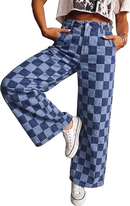 luvamia Checkered Pants Women High Rise Cinch-Waist Stretchy Wide Leg Jeans | Amazon (US)