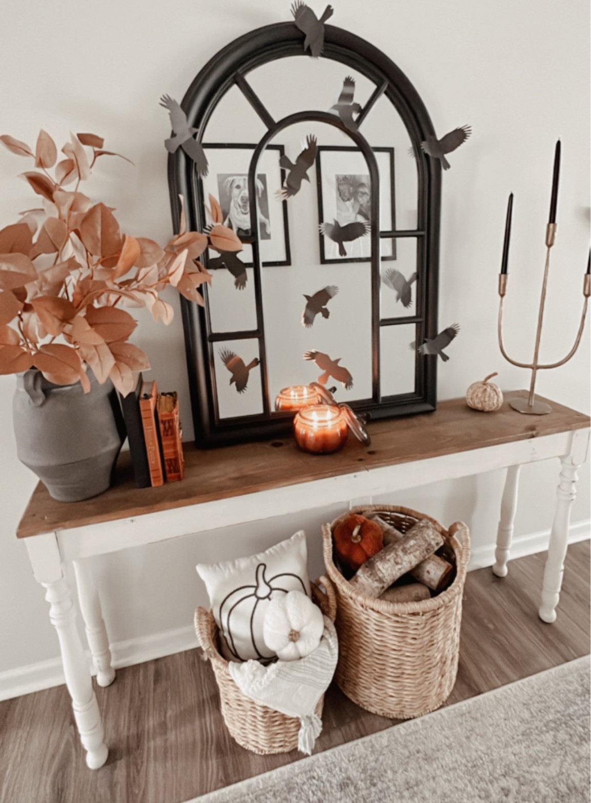 Cathedral mirror, vase, vessel, faux stems, console styling, entryway, pumpkin candle, pumpkin woods, pumpkin spice, spooky decor, crows, black bird stickers, Hocus Pocus, baskets, rattan, pumpkin, decor, candle holder, candles, target, amazon

#LTKhome #LTKHalloween #LTKSeasonal
